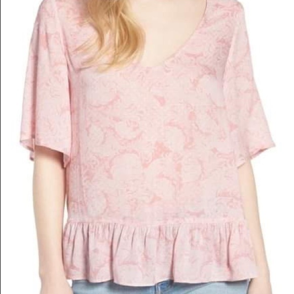 hinge Tops - NWT Hinge Pink Print Ruffle Hem Top Sz Small